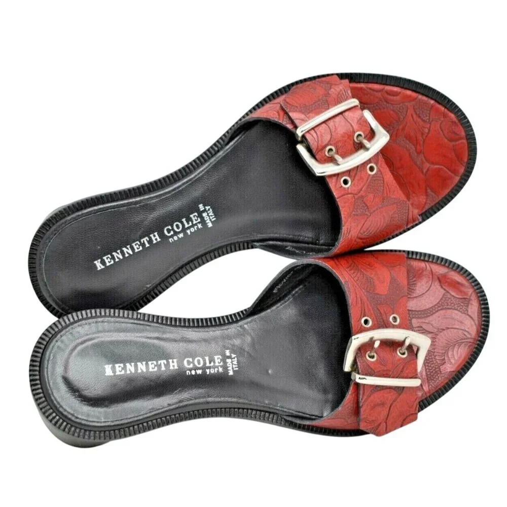 Vintage‎ Kenneth Cole “Flower Child” Red Tooled Leather Slide Sandals sz 6 M